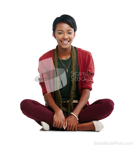Image of Black woman, portrait and sitting on floor of isolated white background in trendy, cool or stylish clothes on mockup. Smile, happy and fashion model on ground, mock up backdrop or studio relax brand