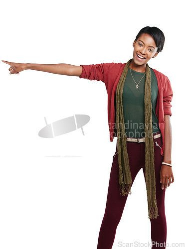 Image of Black woman, portrait and pointing at promotion mockup, isolated marketing space or advertising mock up. Smile, happy model and showing hands gesture for cool fashion sales on white background mockup