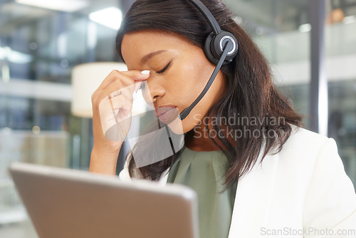 Image of Headache, anxiety and call center woman on laptop with telemarketing stress, fail or mental health problem. Depression, burnout or tired tech financial advisor or consultant frustrated, angry or sad