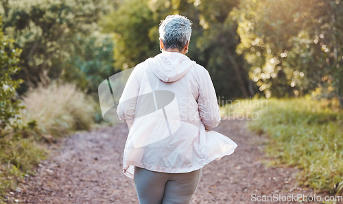 Image of Fitness, exercise and senior woman on nature trail for running, cardio and a workout for health and wellness outdoor. Elderly female in a forest to run for a healthy lifestyle, body and energy