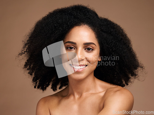 Image of Hair care, afro beauty and portrait of black woman with clean shampoo hair, cosmetics and happy with skincare glow. Salon spa, healthcare and face of African model with makeup and healthy hair growth