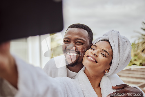 Image of Happy, morning and black couple phone selfie moment with cheerful smile at hotel in South Africa. Wellness, relax and love of people bonding together with mobile photograph for social media.