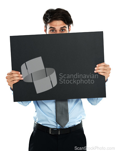 Image of Placard mockup, worker portrait or man with marketing poster, advertising banner or product placement. Billboard promo sign, business studio mock up or hiding sales model isolated on white background