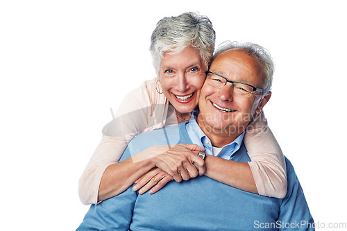 Image of Love, senior and portrait of couple hug, smile and happy together against a studio white background. Relax, face and elderly man with woman embrace, holding and enjoy retirement, bond and isolated