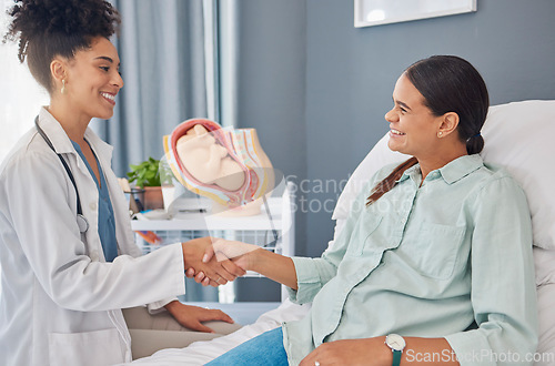 Image of Pregnant patient, doctor or gynecologist shaking hands for welcome, thank you and hello greeting Pregnancy maternity consultation, gynecology or woman for medical, baby healthcare or hospital support