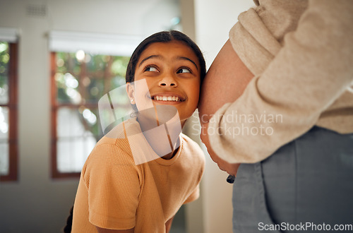 Image of Pregnant, family and love with a girl listening to the belly of her mother while bonding in the bedroom of their home. Kids, mom or pregnancy with a daughter putting an ear to the stomach of her mama