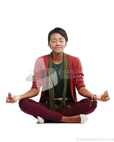 Image of Black woman, sitting and hands in meditation, zen mindset training and mental health wellness on isolated white background. Happy, model and yogi and peace, calm and relax mudra on floor chakra yoga