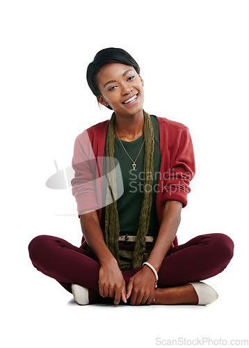 Image of Black woman, portrait or sitting on isolated white background in trendy, cool or stylish clothes. Smile, happy or fashion model on floor, mock up backdrop or mockup studio for designer clothing brand