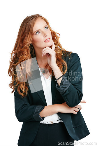 Image of Corporate, business and woman thinking, decision and girl isolated on white studio background. Female employee, entrepreneur and leader with idea, focus and concentration with wonder and thoughts