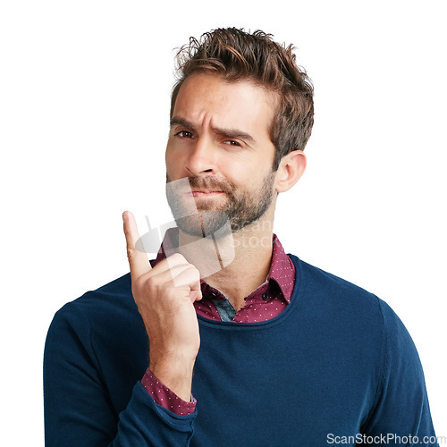 Image of Businessman, face and thinking in studio pointing, creative and vision on white background. Portrait, planning and young, handsome man with goal, motivation and startup, business idea and isolated