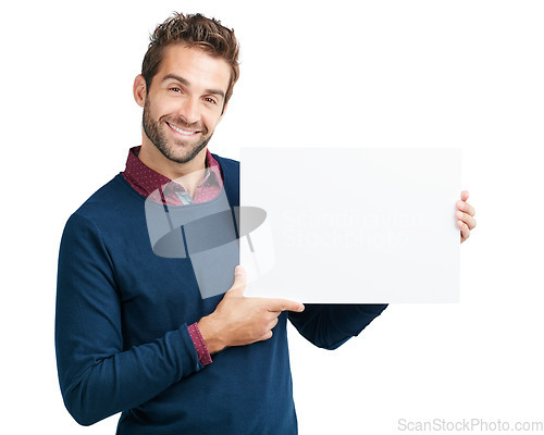 Image of Portrait, blank board or business man with mockup space for product advertising, marketing or branding poster in studio. Model, smile or male with news banner, billboard or logo in white background