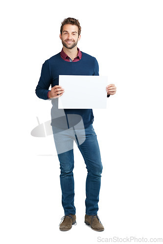 Image of Blank, announcement and portrait of businessman with a billboard isolated on a white background. Marketing, work and an employee with a mockup space poster advertising a brand on a studio background