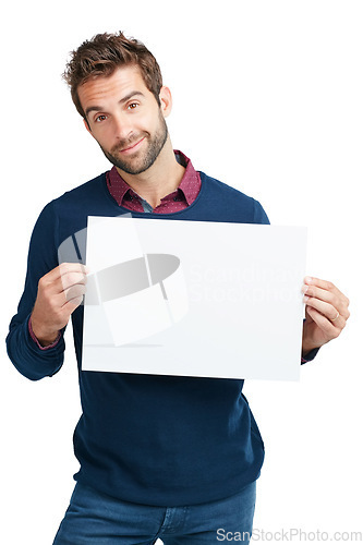Image of Portrait, marketing poster or business man with mockup space for product, advertising or branding poster in studio. Model, smile or businessman with banner, billboard news or logo in white background