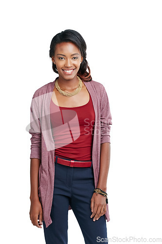 Image of Black woman, portrait or fashion clothes on promotion mockup, isolated marketing space or advertising mock up. Smile, happy model and trendy, cool or stylish brand clothing on white background mockup