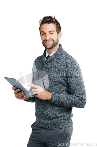 Image of Search, portrait or business man on tablet for internet research, social media content or networking in white background. Tech or male on touchscreen for social network, blog review or media app