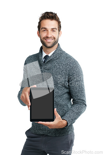 Image of Portrait, screen or business man with tablet for mockup space board, advertising or networking in studio. Model, smile or businessman with tech for communication, social media or blog content review
