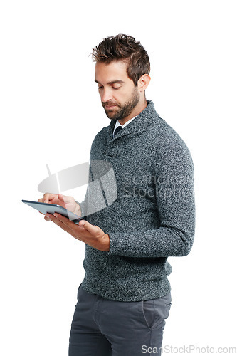 Image of Serious, business man on tablet for research, social media content or networking in white background. Tech, data or manager isolated on touchscreen for social network, blog review or media app