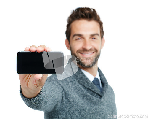 Image of Happy, portrait or business man with phone screen for internet research, social media or networking in white background. Tech and male on smartphone for social network, blog review or media app