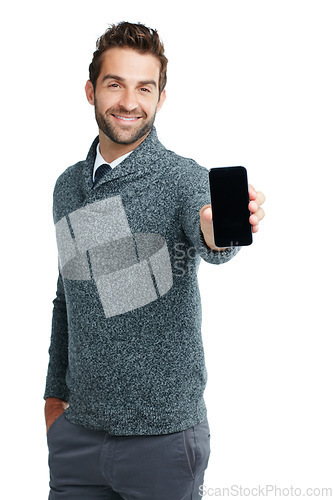 Image of Portrait, smile or business man with phone screen for marketing mockup, advertising or branding poster in studio. Model, happy or businessman on smartphone for news or logo in white background