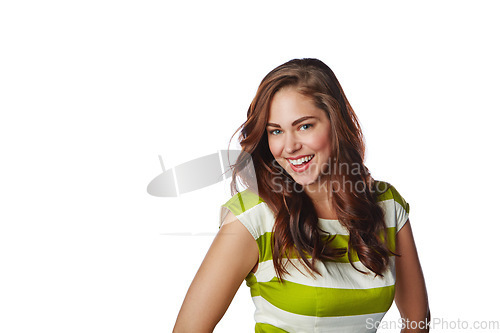 Image of Woman, hair care and smile with beauty portrait, happy in mockup and fashion isolated on white background. Keratin, balayage and cosmetics, natural cosmetics with face and skin in headshot