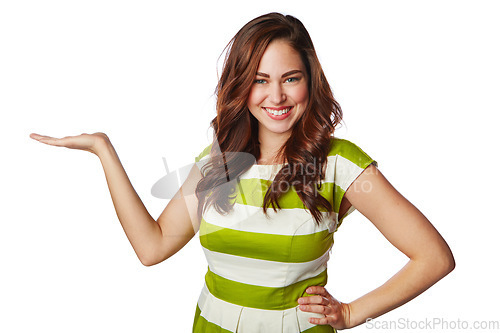 Image of Woman, portrait or hands palm for promotion mockup, marketing space or advertising mock up on white background. Smile, happy model or showing gesture for isolated about us or backdrop logo branding