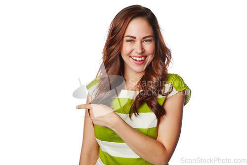 Image of Woman, portrait or pointing finger at promotion mockup, marketing space or advertising mock up on white background. Smile, happy model or showing hands gesture on isolated backdrop for logo branding