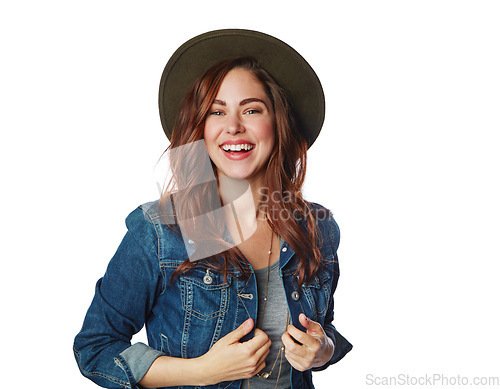 Image of Woman, portrait or fashion clothes with denim jacket on isolated white background in cool brand marketing on mockup. Smile, gen z or model and hat, trendy or clothing ideas on studio mock up backdrop