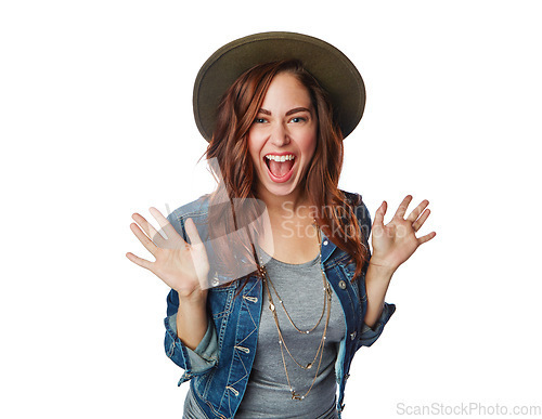 Image of Surprised woman, portrait or fashion hat on isolated white background in trendy, cool or brand style marketing. Smile, happy or excited gen z model and wow facial expression for clothing sales mockup