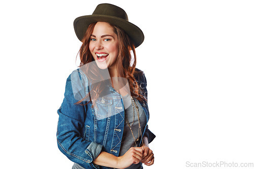 Image of Woman, smile in portrait with energy and excited with trendy, hipster style isolated against white background. Fashion model, happy girl and edgy with fedora, lifestyle and marketing with mockup
