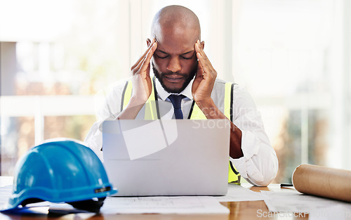 Image of Headache, laptop and architect man stress, pain and mental health problem thinking of project management, planning and budget strategy. Angry, frustrated or burnout construction worker or contractor