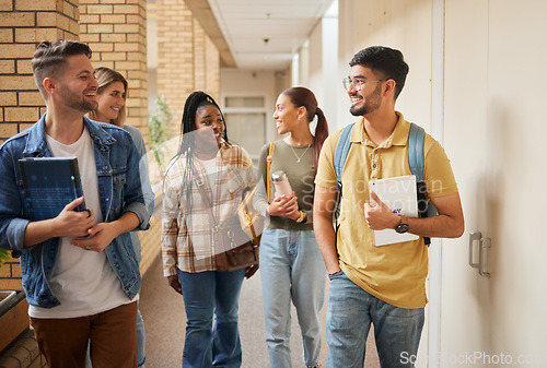 Image of Education, diversity and students walking, conversation and collaboration for group project, research and college. Young people, friends and academics in hallway, talking and brainstorming for idea