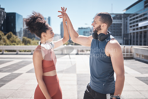 Image of Holding hands, support and couple training in the city, fitness motivation and cardio success in Brazil. Love, achievement and excited athlete man and woman with affection during outdoor exercise