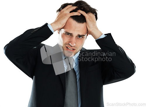 Image of Face, stress and burnout business man in studio isolated on a white background. Anxiety, depression and portrait of angry male employee pulling his hair out after bad news, deal or financial crisis
