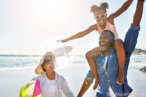 Image of Family, beach and girl on shoulder of father enjoying holiday, vacation and freedom on weekend. Summer, travel and happy dad, mom and child smile on adventure for bonding, relaxing and fun by ocean