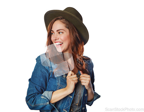 Image of Happy woman, fashion clothes or hat on isolated white background in cool trend or funky brand marketing on mockup. Smile, gen z or model with denim jacket or clothing ideas on studio mock up backdrop