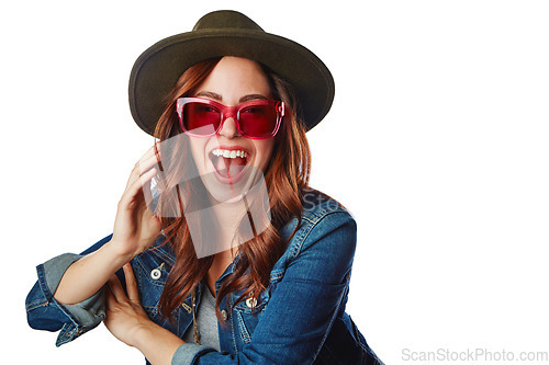 Image of Woman, fashion and glasses with hat, smile or excited face against a white studio background. Portrait of a happy isolated fashionable female smiling in happiness for summer style