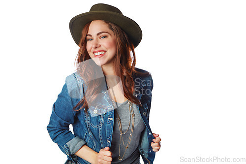 Image of Happy woman, portrait and fashion clothes with hat on isolated white background in cool brand marketing. Smile, gen z and model with denim jacket, trendy or clothing ideas on studio mock up backdrop