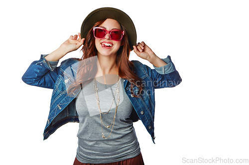 Image of Woman, portrait and fashion sunglasses or tongue, hat or isolated denim jacket on white background mockup. Smile, happy or gen z model in trendy, cool or hipster brand clothing for marketing mock up