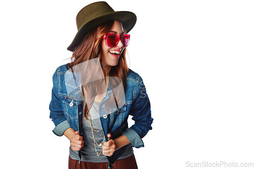 Image of Gen z, fashion and sunglasses girl happy in trendy style with excited smile for marketing. Happiness, youth and young fashionista model isolated on white background for advertising mockup.