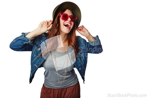 Image of Laughing woman, fashion or sunglasses with hat or denim jacket on isolated white background or marketing mockup. Smile, happy and gen z model with funny or comic face expression or cool brand clothes