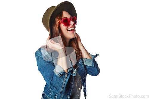 Image of Fashion, youth and trendy woman laugh with cool sunglasses and style for marketing with smile. Happy, gen z and young fashionista model isolated on white background for advertising mockup.