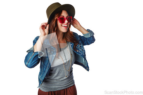 Image of Thinking, fashion and girl youth happy with trendy style and sunglasses with smile for marketing. Happiness, gen z and young fashionista model isolated on white background for advertising mockup.