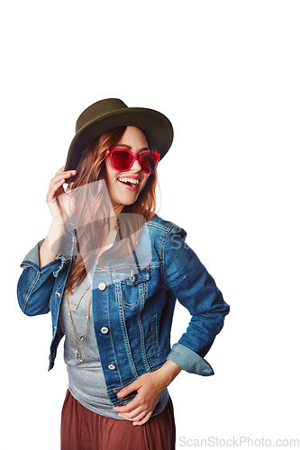 Image of Trendy, style and happy model in a studio with a casual, stylish and funky outfit with accessories. Happiness, smile and woman with hat, sunglasses and edgy clothes isolated by a white background.