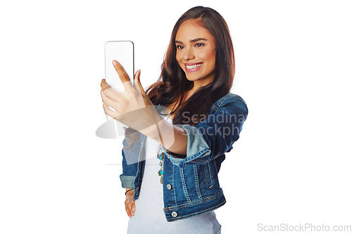 Image of Woman, fashion or phone selfie on isolated white background for social media, profile picture or video call. Smile, happy model or influencer on mobile photography technology for blogging or vlogging