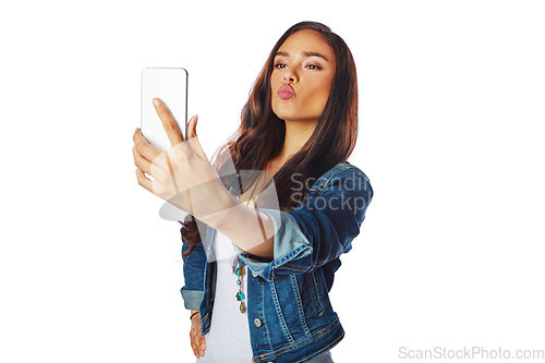 Image of Woman, fashion or kiss for phone selfie on isolated white background for social media, profile picture or video call. Model, influencer or mobile photography technology for gen z blogging on mock up