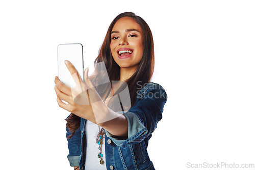 Image of Happy woman, fashion and phone selfie on isolated white background for social media, profile picture or video call. Model, influencer and mobile photography technology in blogging on mockup backdrop