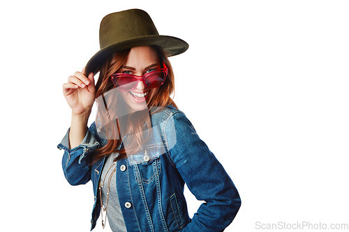 Image of Happy woman, portrait or fashion denim jacket with sunglasses or hat on isolated white background or mockup. Smile, gen z and model with cool, trendy style or brand clothes ideas on mock up backdrop