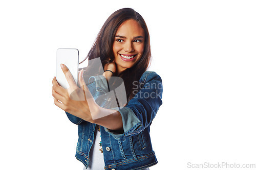 Image of Happy model, fashion and phone selfie on isolated white background for social media, profile picture or video call. Smile, woman or influencer on mobile photography technology in blogging on mockup