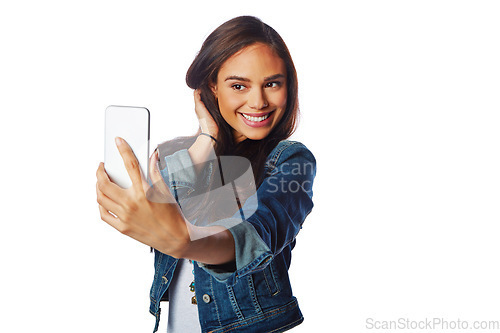 Image of Model, fashion and phone selfie on isolated white background for social media, profile picture or video call. Smile, happy woman or influencer on mobile photography technology in blogging on mockup