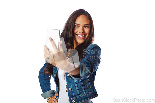 Image of Influencer, fashion and phone selfie on isolated white background for social media, profile picture or video call. Smile, happy woman or model on mobile photography technology in blogging on mockup